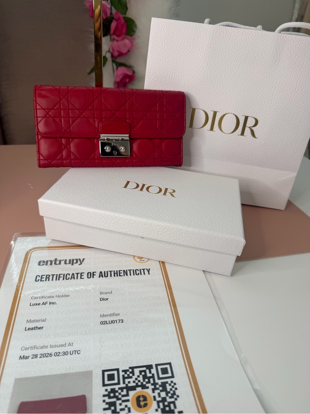 Pink Christian Dior "New Lock" Cannage Quilted Leather Long Flap Wallet w/COA